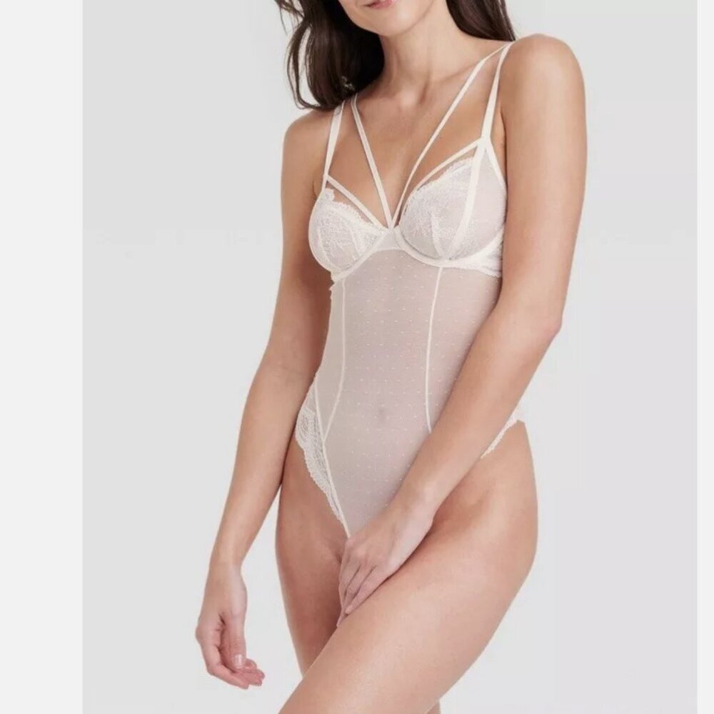 Auden White Underwire Thong Sheer Bodysuit NWT